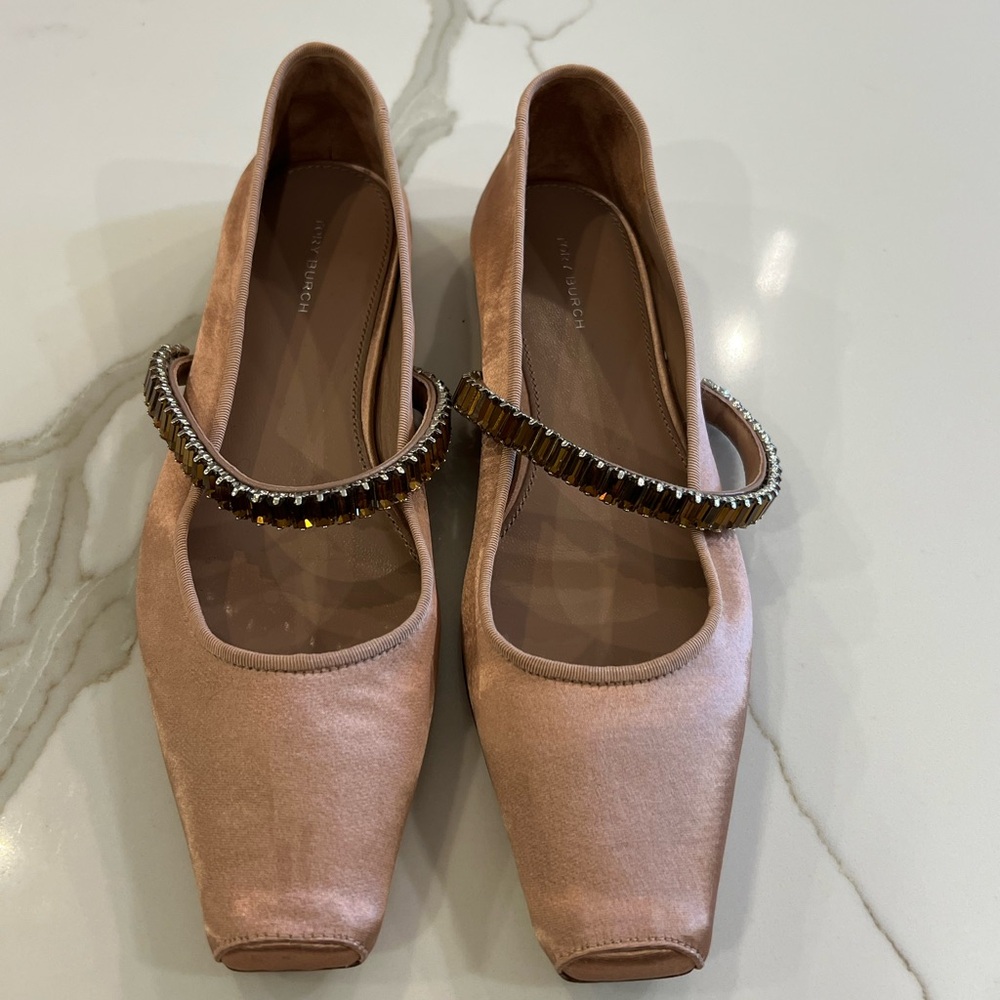 Tory Burch Pink Flats with Square Toe and Embellished Strap